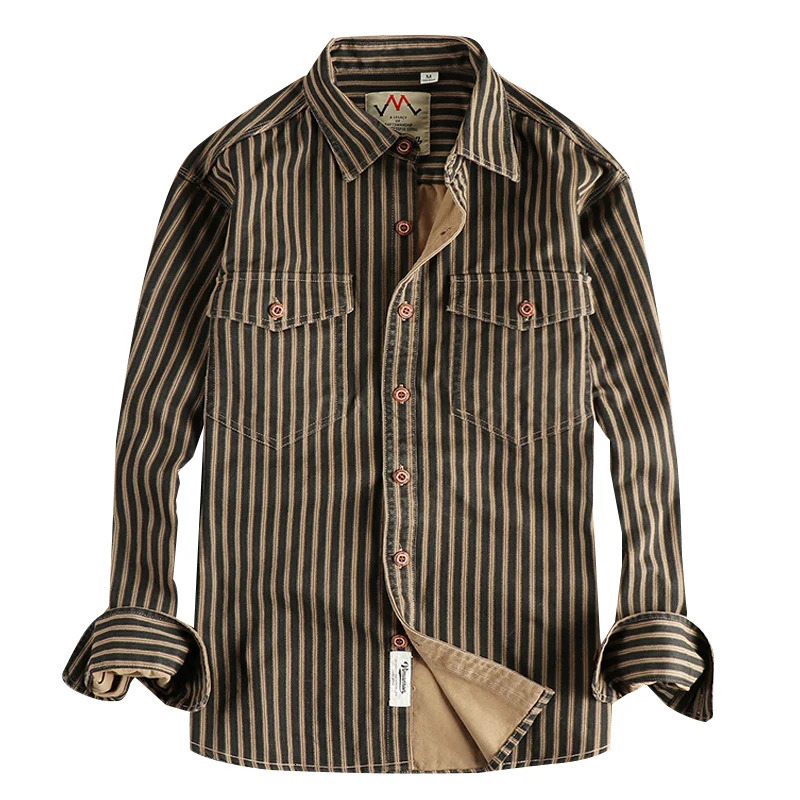 Autumn/Winter American Retro Striped Long Sleeve Collar Shirt Mens Simple Fashion Laundry Multi Pocket Casual Top 241125