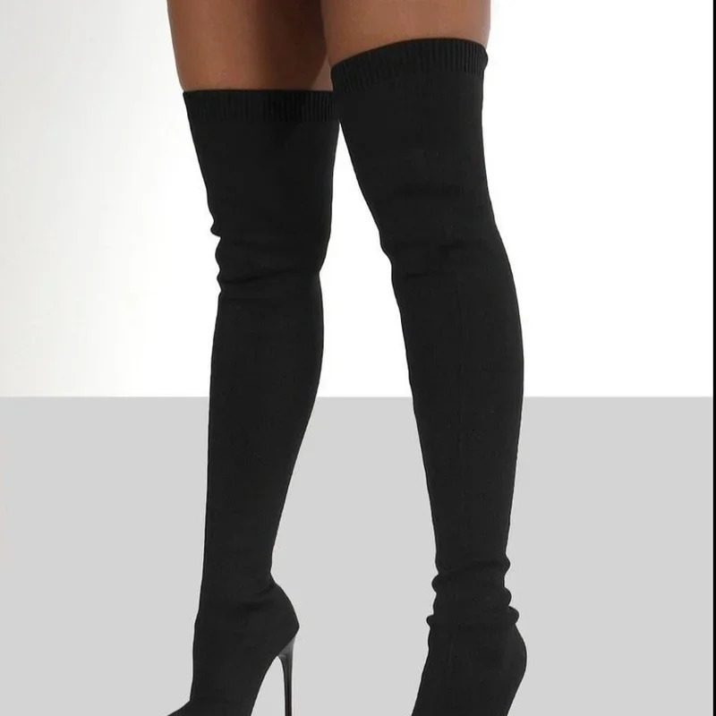 Ladies Socks Over The Knee Women Boots Stretch Fabrics High Heel Slip on Shoes Pointed Toe Woman Long Boots Size 36-43 241114