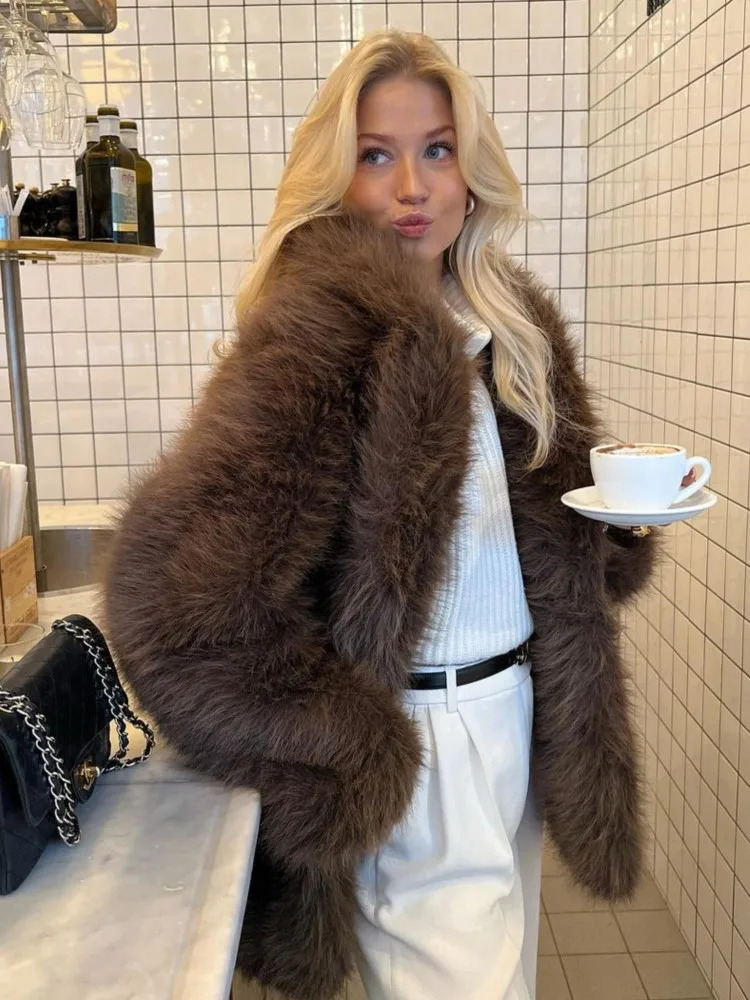 Brown faux fur coat winter thick warm suit collar coat loose fitting womens elegant womens socialized womens plush coat 241126