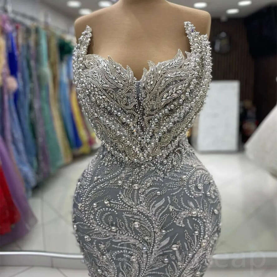 2024 Aso Ebi Plus Size Grey Mermaid Prom Dress Crystals Beaded Sequined Evening Formal Party Second Reception Birthday Engagement Thangiving Gowns Dre