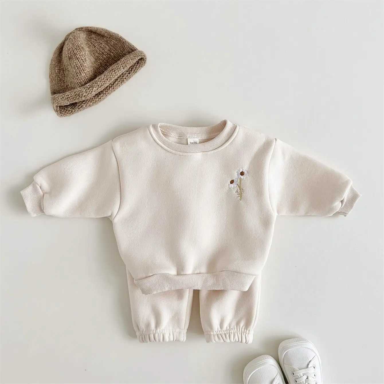 Clothing Sets 2024 Fall Thick Clothes Infant Sets Fleece Embroidery Daisy Pullover Sweatshirt+Jogger Pants Baby Boys Girls Basis Winter 2Pcs H241126