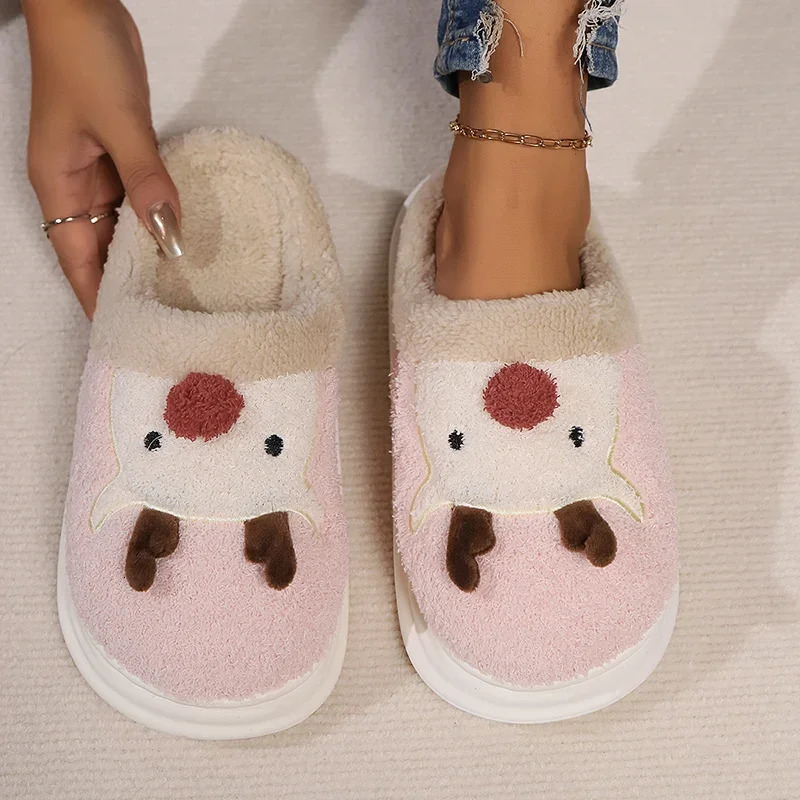 Christmas Elk Home Plush Slippers Women Winter Comfort Soft Sole Indoor Slides Woman 2025 Non-Slip Warm Cotton Shoes Slippers 241126