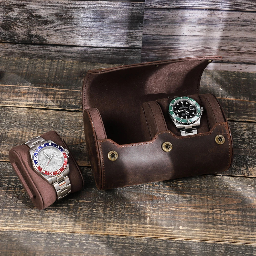 Vintage Leather 2 Slots Watch Roll Travel Case Chic Portable Display Watches Men Storage Box with Slid in Out Organizers 240415