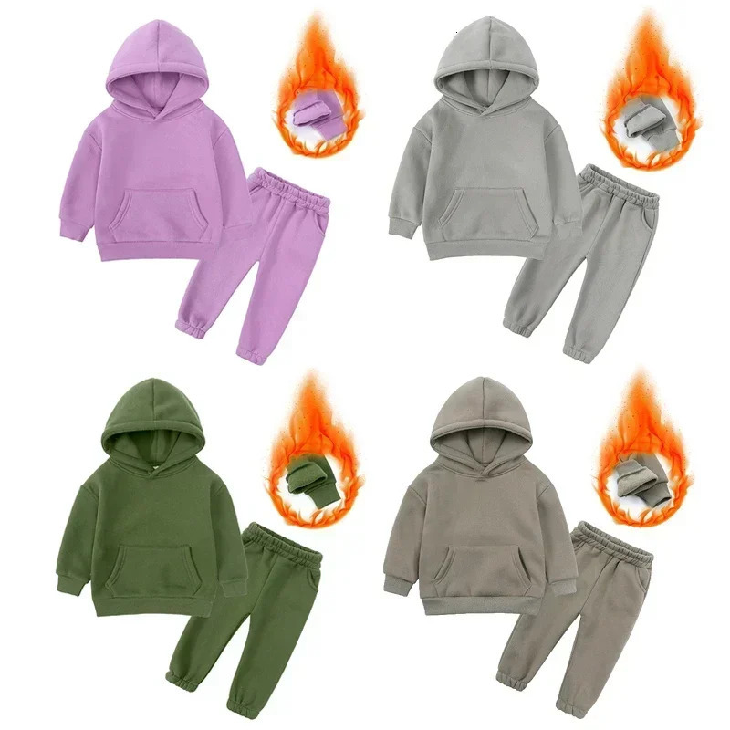 Children Fleece Winter Outfit Toddler Cotton Solid Hoodies Pullover Sweatshirt Pants Tracksuit Set Kids Boy Girl Warm Sweatsuits 241126