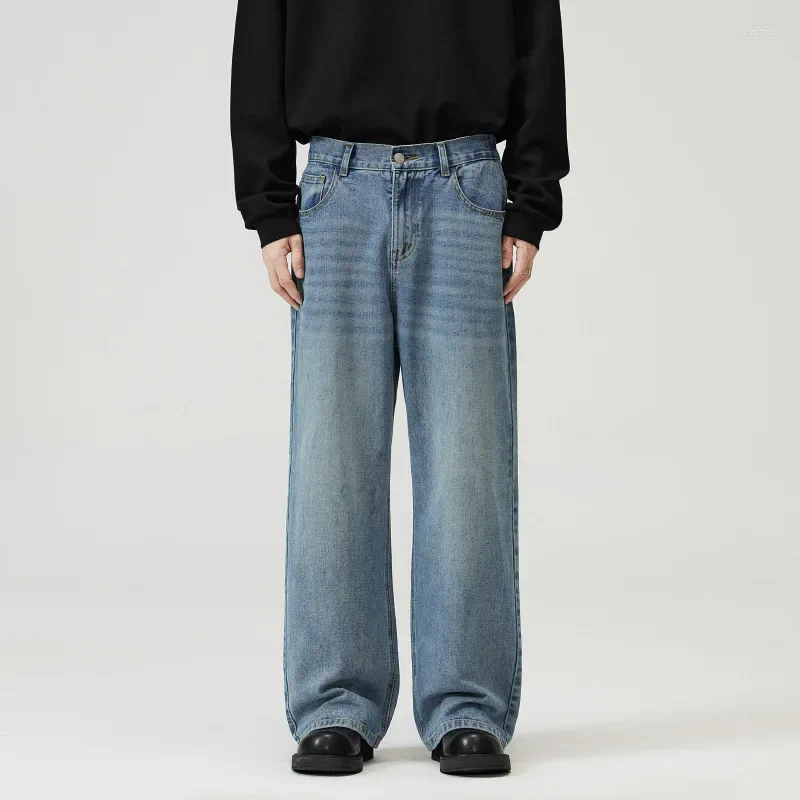 2025 S Fashion Designer Men S Jeans OIMG Spring Autumn Half Elastic Waist Trousers Fashion American Retro Loose Straightclean Fitwide Leg Pants