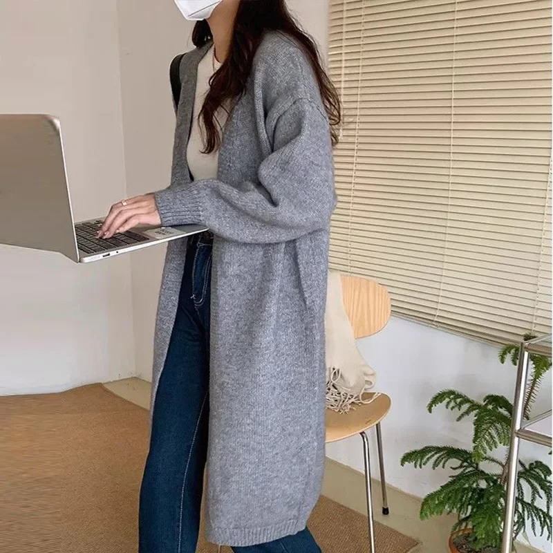 minimalist and versatile autumn long knitted cardigan for women with a lazy style over the knee Vneck thick sweater jacket 241112