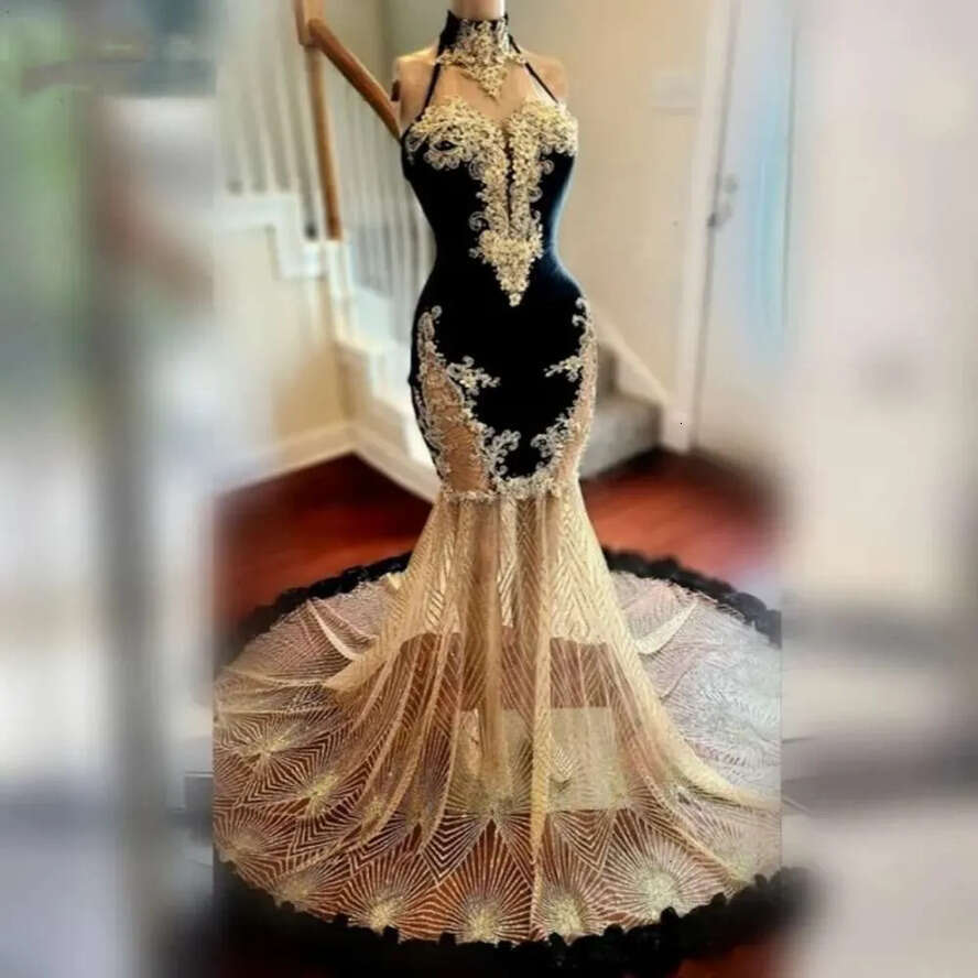 And Gold Elegant Sequin Prom Dress For Black Girls High Neck Lace Applique Party Gowns Vestido De Festa Gala 0218