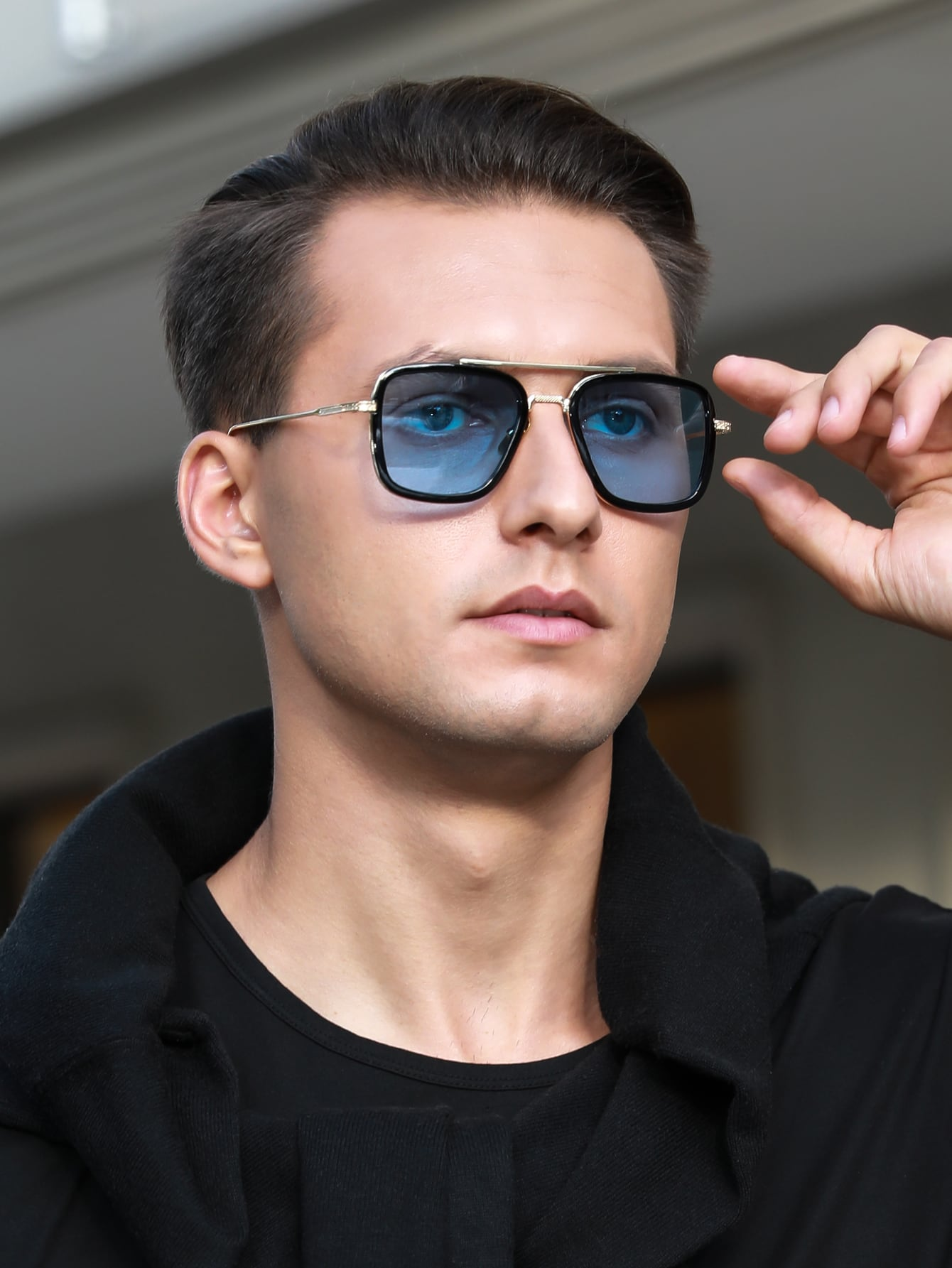 Fashion Men's Square Metal Frame Square Plastic Full Rim Glasses Metal Glasses Suitable for Iron Man Same Travel Photo
