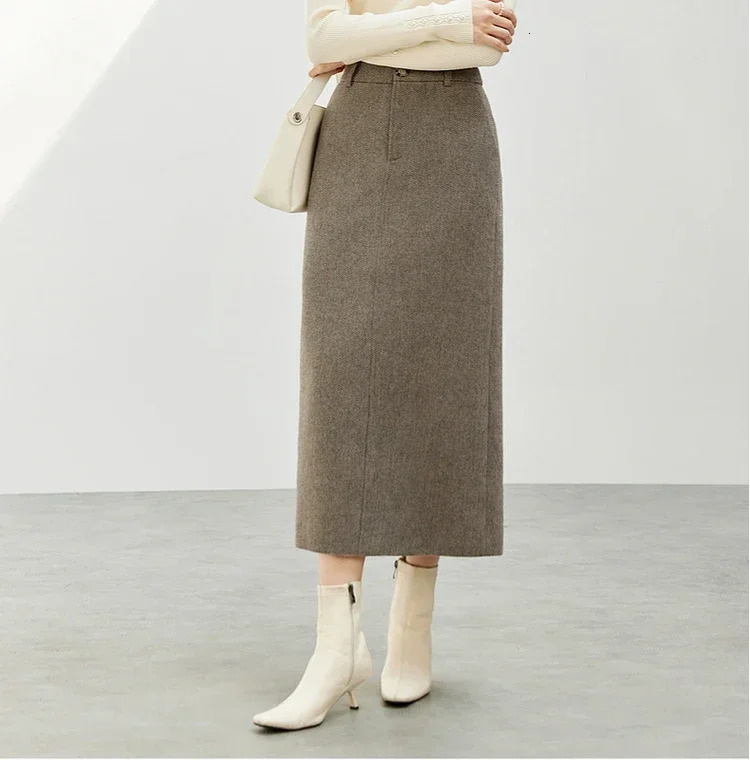 SENTUBILA Straight Wool Skirt Women Winter Retro Elegant Coarse Hemp High Waist Seam Bottom Temperature Long Skirts 144Q56942 241125