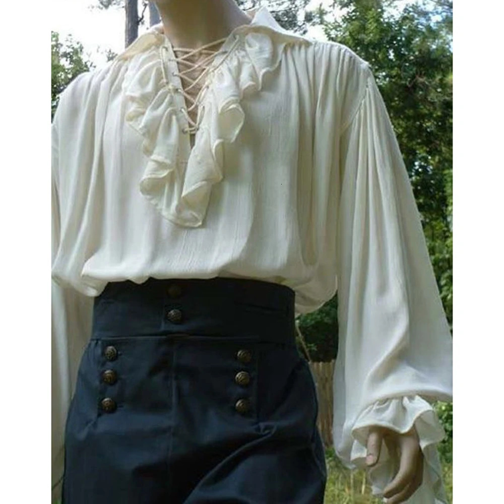 Mens Renaissance clothing pleated long sleeved lace medieval steampunk pirate shirt role-playing prince drama stage costume top 241126
