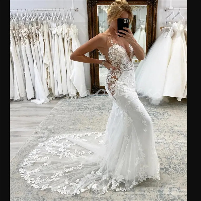 Luxury Mermaid Lace Wedding Dresses Sexy V Neck Beaded Appliques Country Bridal Gowns Court Train Church Bride Dress Gelinlik Vestio De Novia 2025