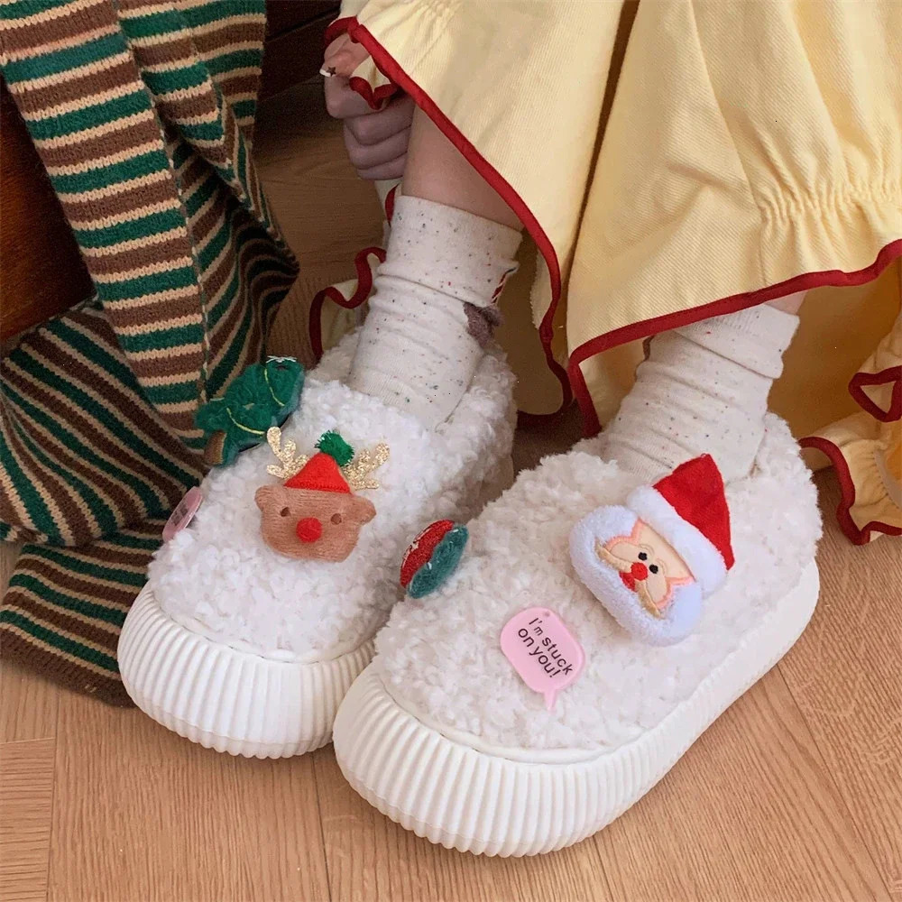 Winter Cotton Warm Plush Fur Antiskid Christmas Slippers Deer Antler Cotton Mops Outdoor Breathable Sole Soft Home Couples Shoes 241126