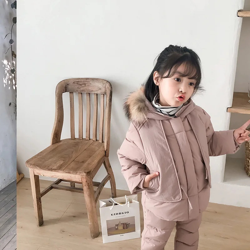 Winter 2 3 4 6 8 Years Fur Hooded JacketOveralls Suit 2Pcs Duck Down Children Clothing Set for Baby Kids Girls Boys 241126
