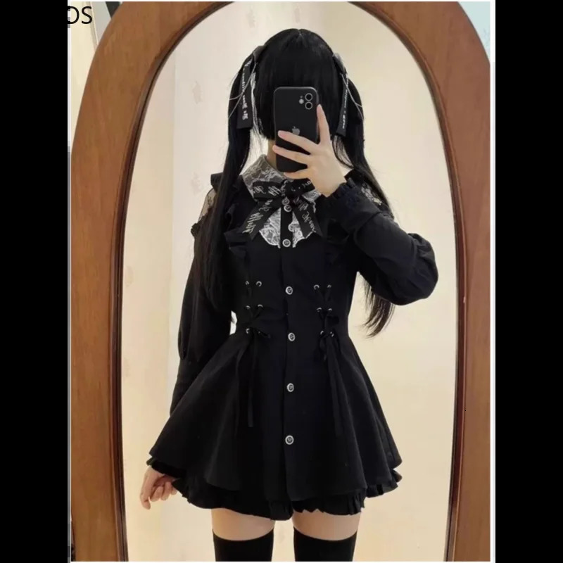 Japanese Gothic rhinestone bow dress set womens lace shoulder long sleeved ultra-thin shirt dress Lolita Y2k dress 241125