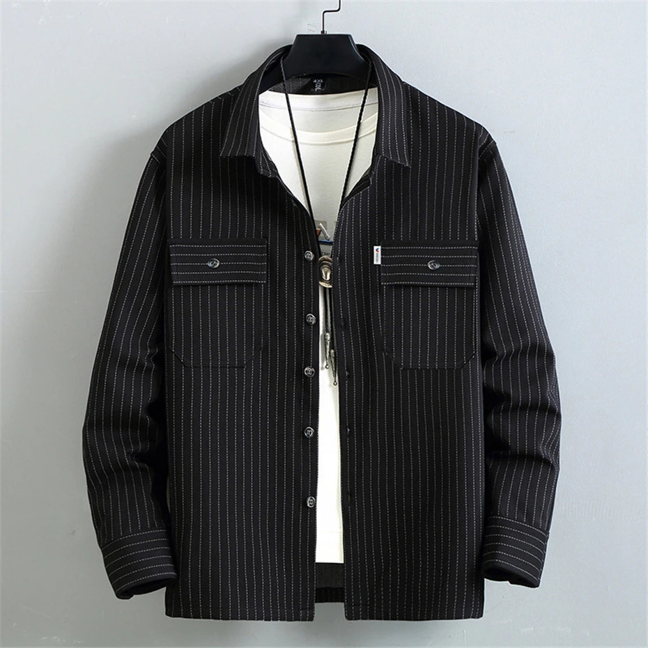 Mens striped suit plus size 10XL 11XL cargo shirt pants mens autumn and winter thick suit fashionable casual jacket set large size 10XL 241126