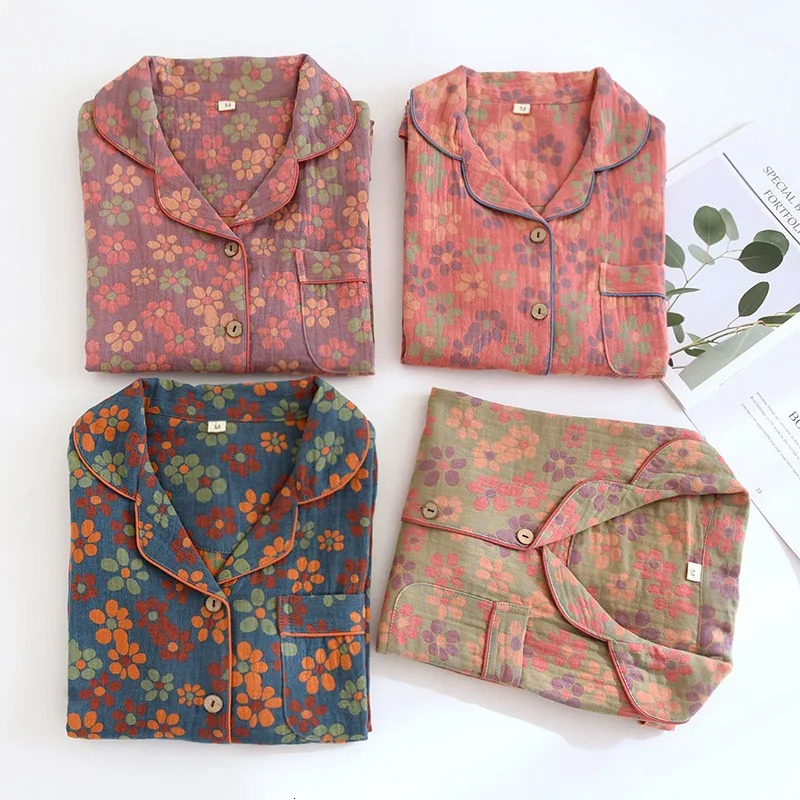 100% pure cotton crepe yarn Homeclothes autumn and winter womens sleepwear set long sleeved mens 2-piece linen dyed jacquard sleepwear 241126