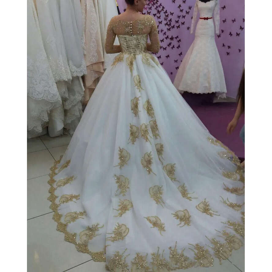 Elegant Sheer Long Sleeves Lace A E Dresses Arabic Organza Gold Applique Beaded Court Train Wedding Bridal Gowns Bc1704
