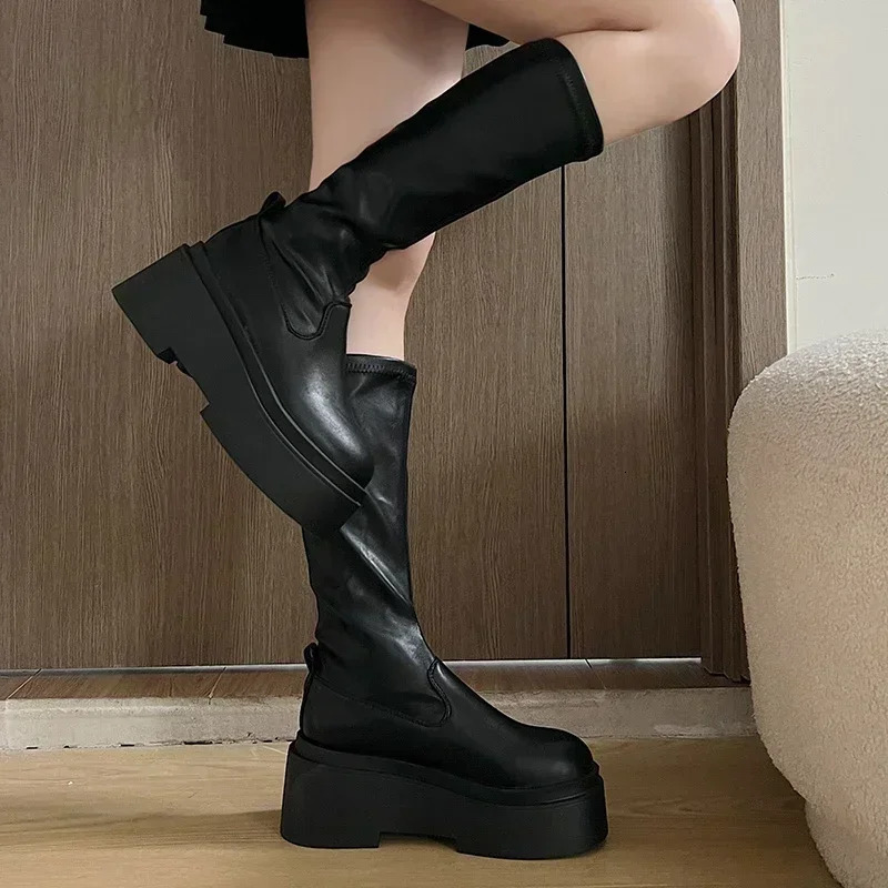 Chunky Women Knee High Boots Fashion Slip On Knight Long Booties Platform Flats Autumn Winter Shoes 241114