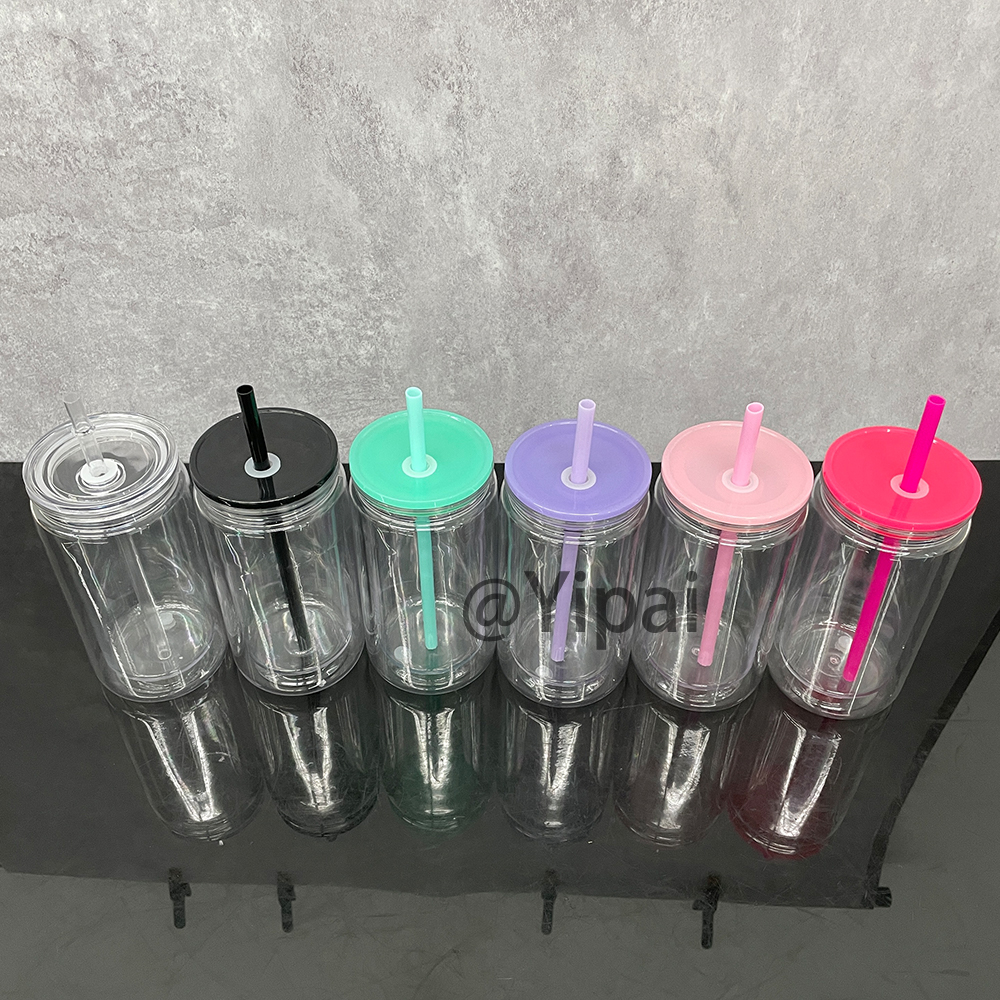 BPA free 12oz inner 16oz outer snow globe pre-drilled glitter plastic soda can USA warehouse double walled acrylic iced coffee cups with silicone plug