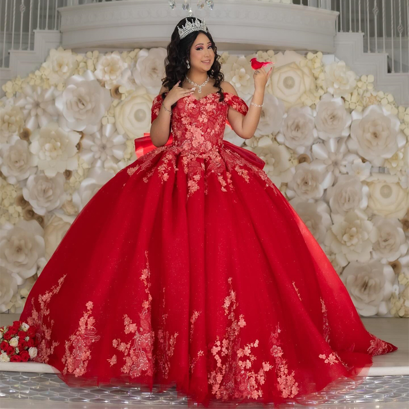 Red Quinceanera Dress Off The Shoulder Lace Applique Beading Tull Mexican Sweet 16 Birthday Party Dress Vestidos De XV 15 Anos