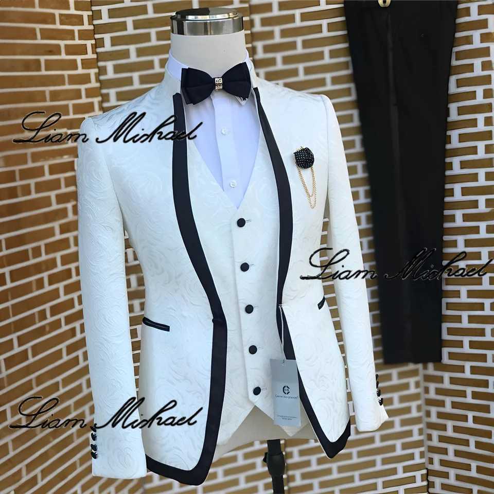 Elegant mens wedding groom evening gown three piece white jacquard jacket vest pants formal party gown customization X241126