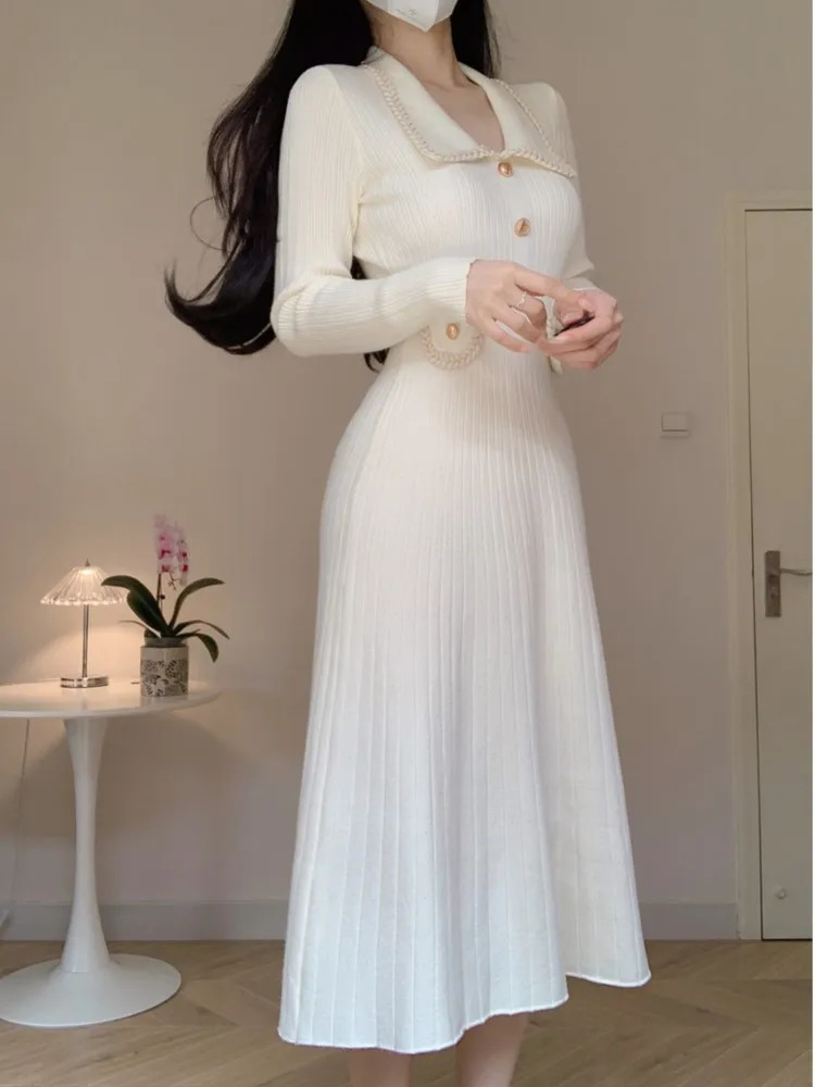 Autumn and winter womens knitted dress with a lapel Korean fashion A-line casual solid dress ultra-thin Vestidos Mujer item 241125