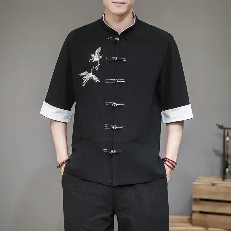 Crane embroidered shirt traditional Chinese retro mens half sleeved linen solid Madarin collar Hanfu Kungfu cardigan 241126