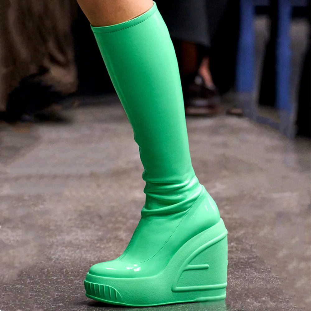 2024 Spring New Slope Thick Bottom Round Toe High Heel Fashion Sexy Cross-Border Women's Plus Size Knee-High Boots