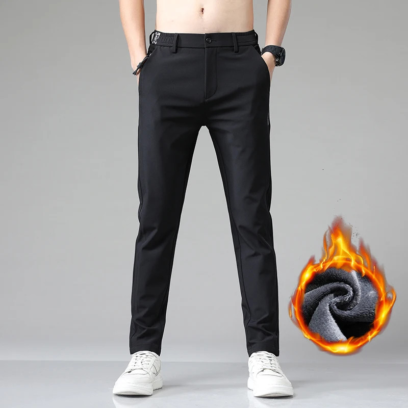 Korean Mens Warm Golf Pants Slim Straight Winter Thick Fleece Casual Pants Business Fashion Stretch Thermal Trousers Male 241126