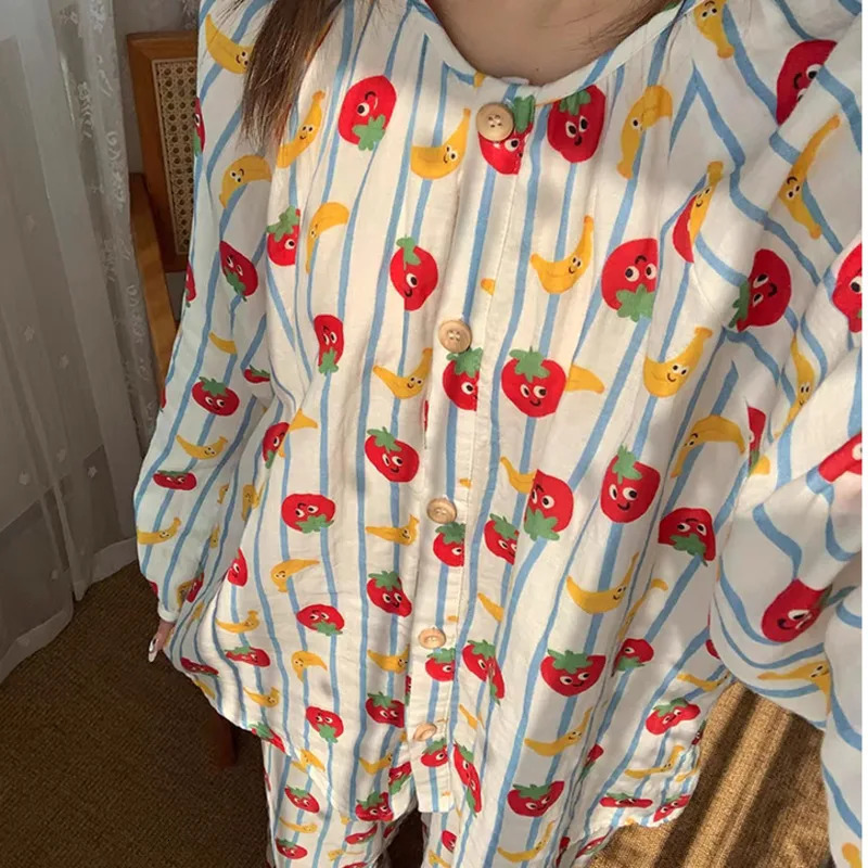 Cartoon Cute Printed 100% Cotton Cute Pajamas for Women Spring/Summer Collection Long Sleeve Mens Casual Pants 241126
