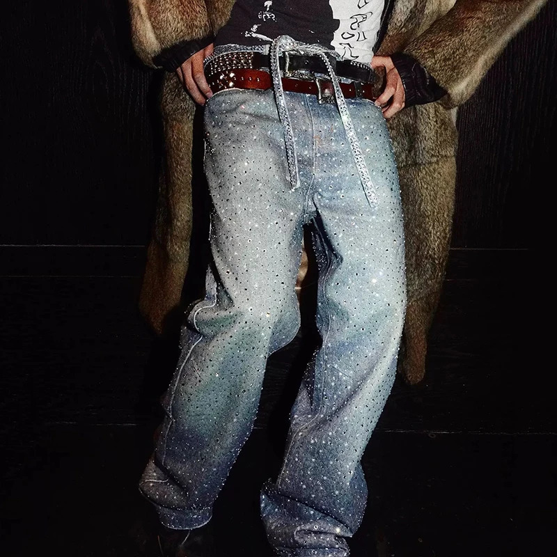 PFNW niche melt rhinestone printed washed jeans with belt casual and loose mens straight Trouser 12C1812 241125