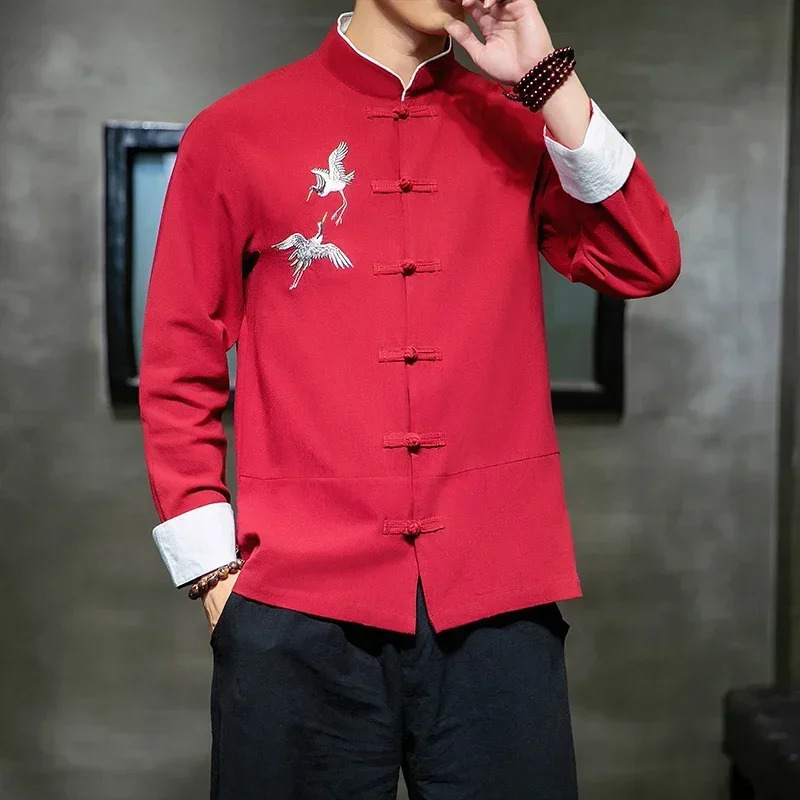Crane embroidered shirt traditional Chinese retro mens half sleeved linen solid Madarin collar Hanfu Kungfu cardigan 241126