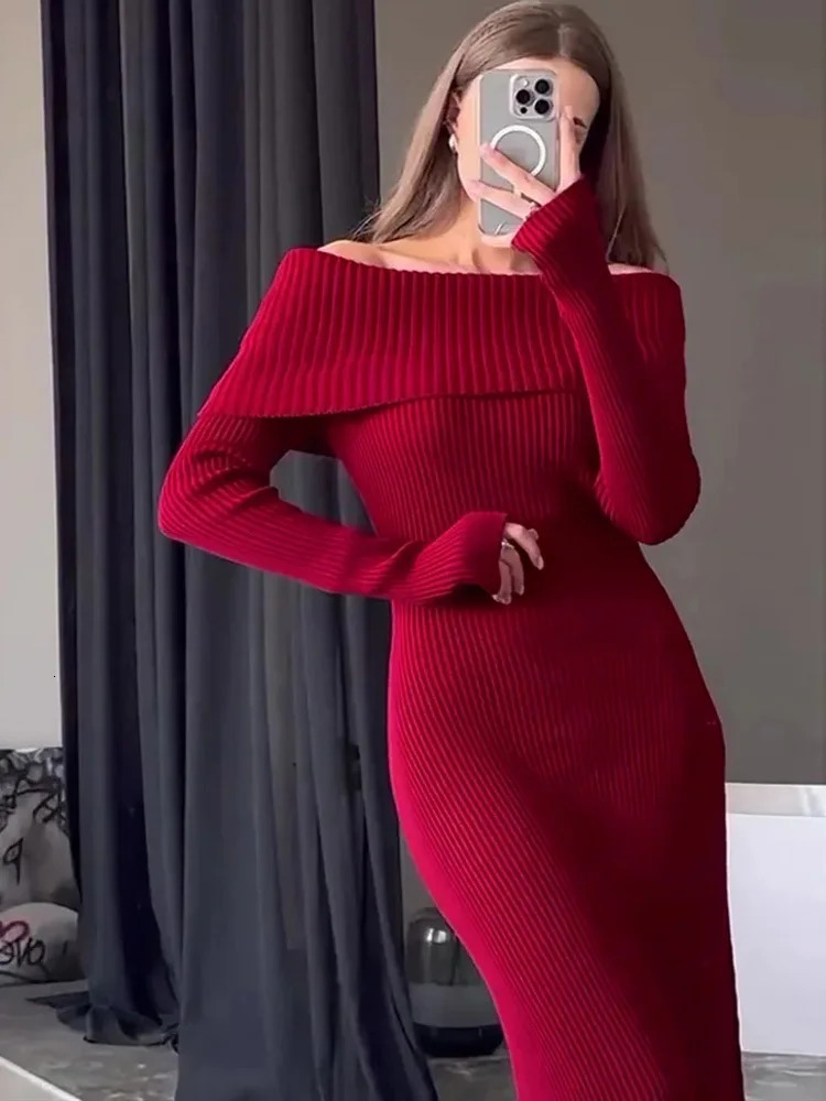 Tossy Fashion Knitted Long Dress with Loose Shoulders High Waist Elegant Autumn Party Dress Womens Knitted Maxi Dress 241125