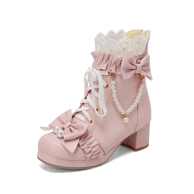 Autumn Winter Womens Ankle Boots Plus Size 22-28CM PU Upper Modern Boots Lace Pearl Chain Bow Lolita Thick Foot Boots 241126