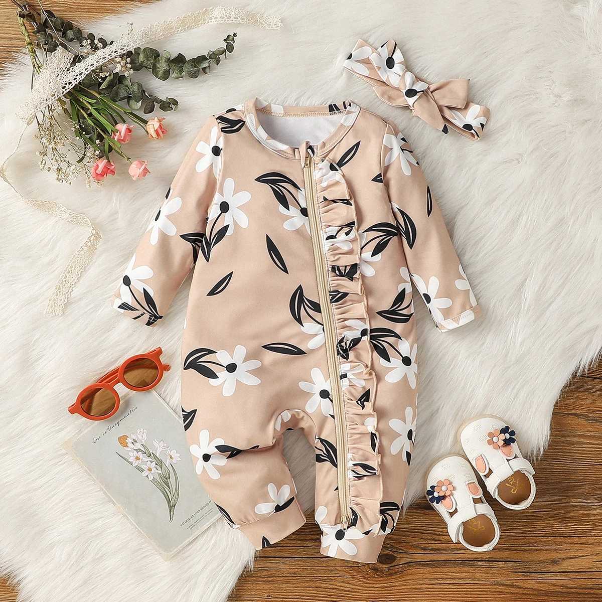 Clothing Sets 3-24M baby girl Fall simple and casual printing Flower Dressy jumpsuits zipper +Headband H241126