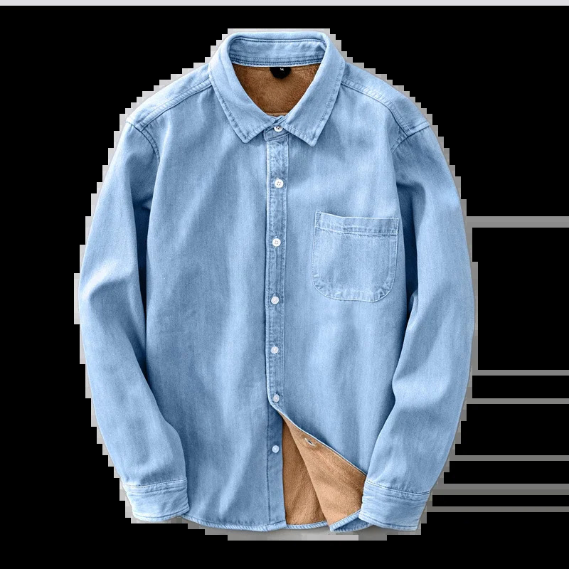Winter pleated thick denim shirt mens long sleeved pure cotton warm top Japanese loose size fashionable shirt trend 241126