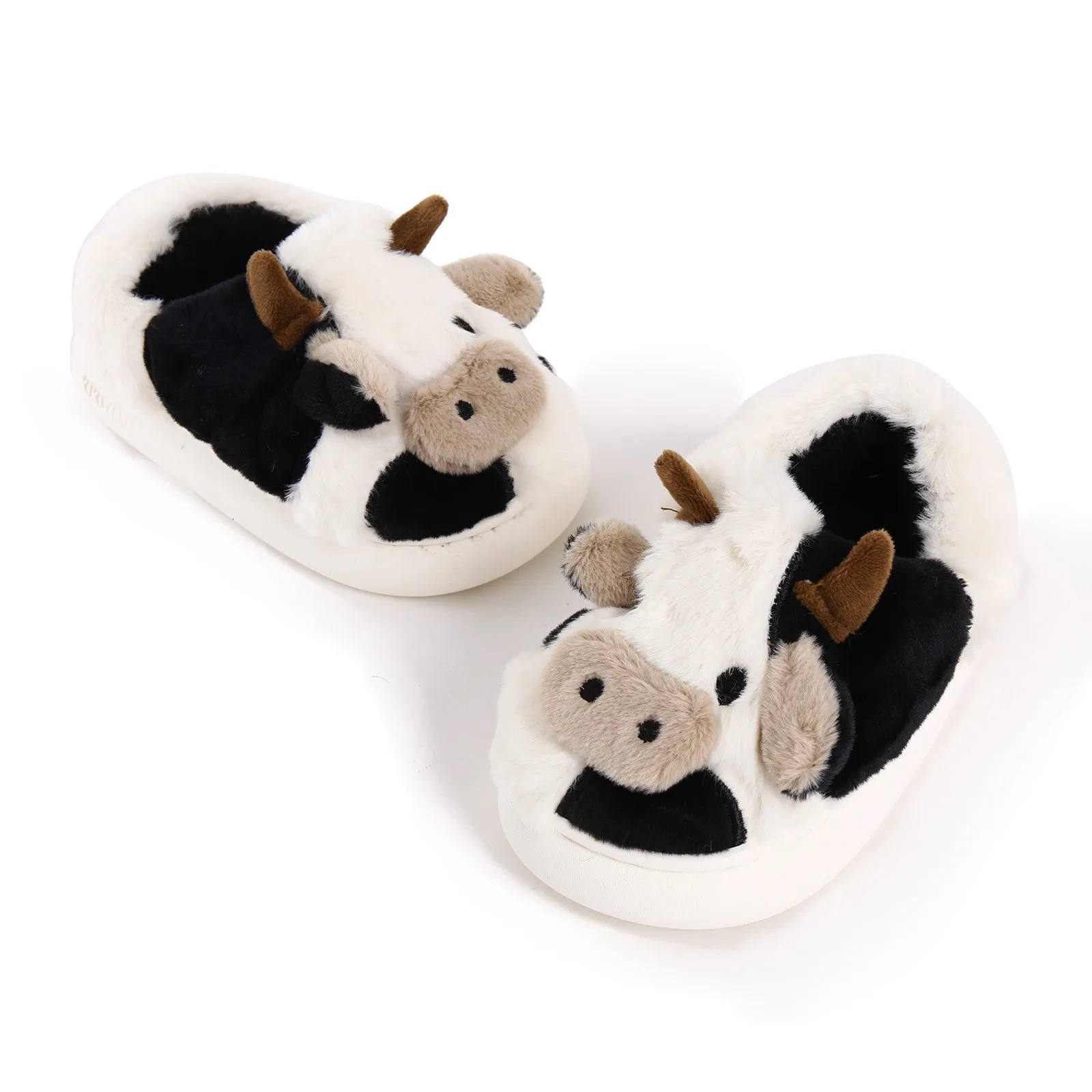 Kids Cute Animal Furry Slipper For Boys Girls Fashion Fluffy Winter Warm Slippers Children Cartoon Milk Cow Home Cotton Shoes 241126