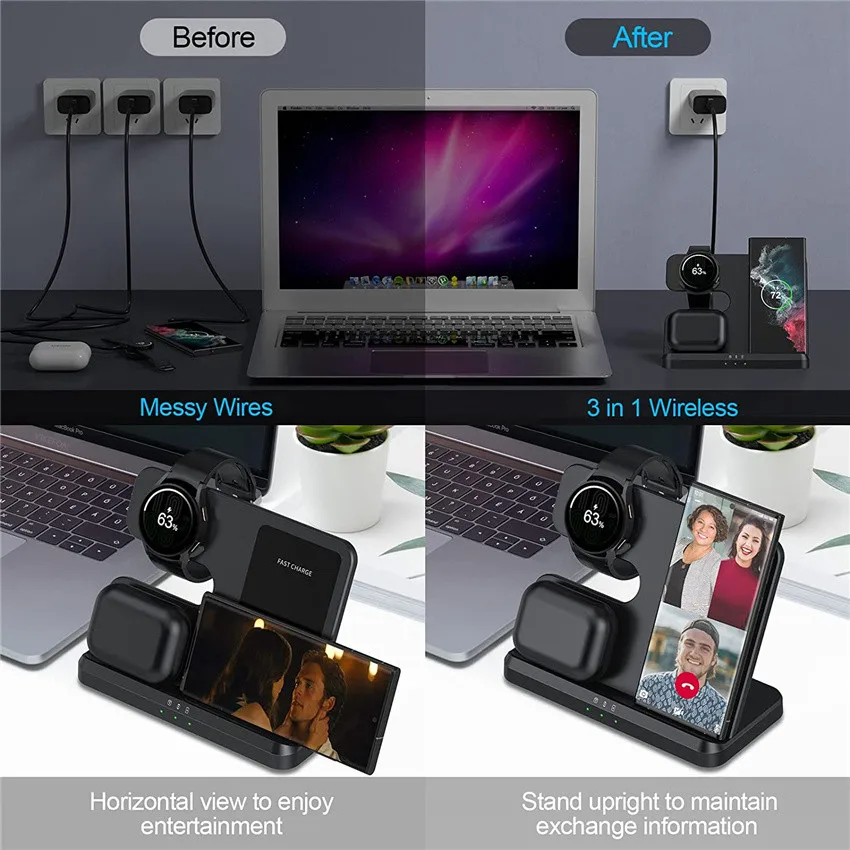15W 3 In 1 Wireless Charger Stand Fast Charging Dock Station For Samsung Z Fold Flip S24 Ultra S23 FE S22 S21 S20 Galaxy Watch 5 4 3 Active 2 Gear S3 