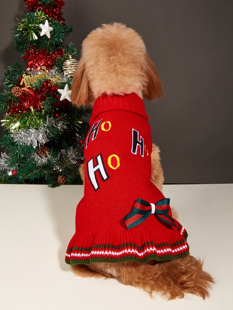 Christmas Pet Sweater Dress Cat Dog Clothes Autumn and Winter HoHo High Neck Bow Embroidery Skirt