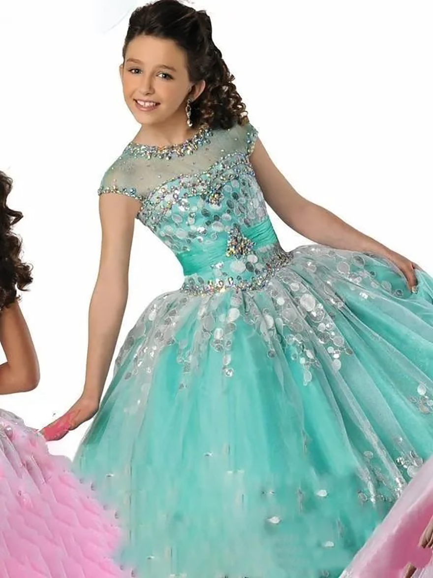2024 Princess Girl's Pageant Dresses Beaded Ruffles Sheer Neck Ball Gown Floor Length Pink Blue Flower Girl Dresses Sequins Dress