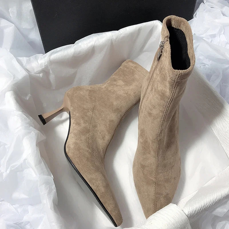 Pointed Toe Women Sock Short Boots Fashion Side Zippers Slim Ankle Booties Thin High Heel Autumn Winter Ladies Shoes 241114