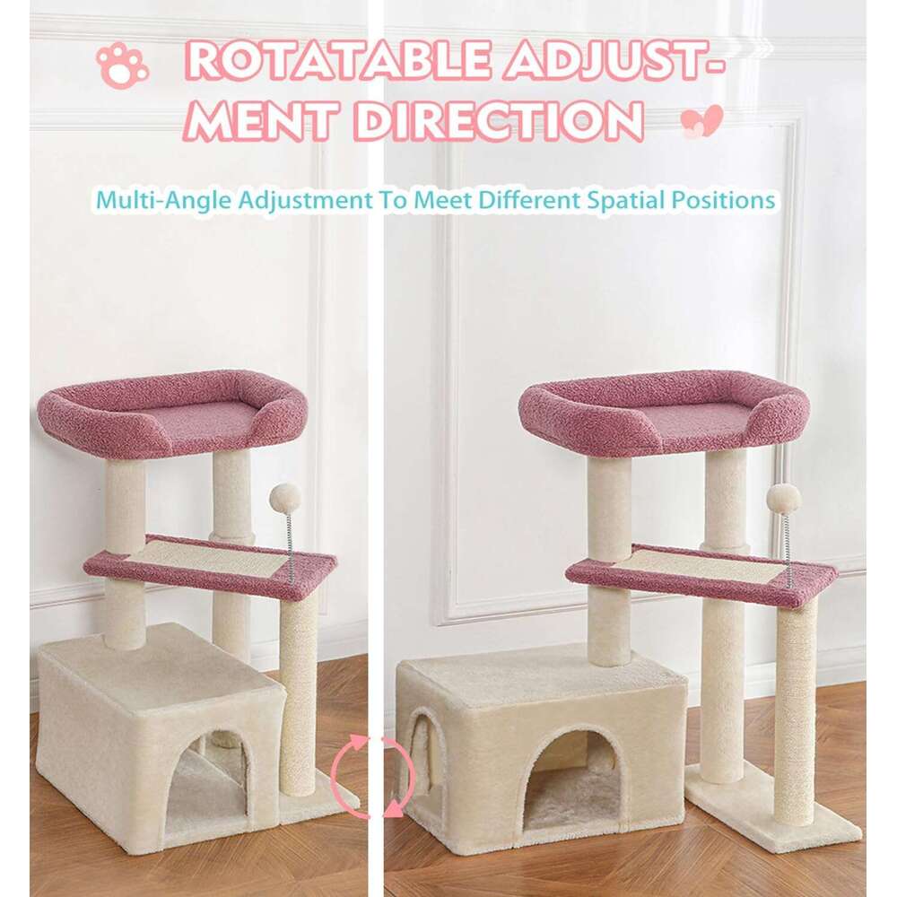 Made4Pets Cat Tree, Cat Tower Indoors Cute Wood Kitty Condo with Scratching Post Pad, 29" Multi-Level Modern Activity Climbing Furniture, Pink, 3