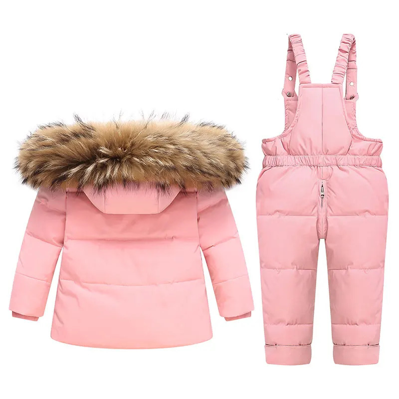 OLEKID Winter Children Girl Overalls Real Raccoon Fur Down Jacket For Girl Baby Girl Jumpsuit Kids Girl Outerwear Coat 241126