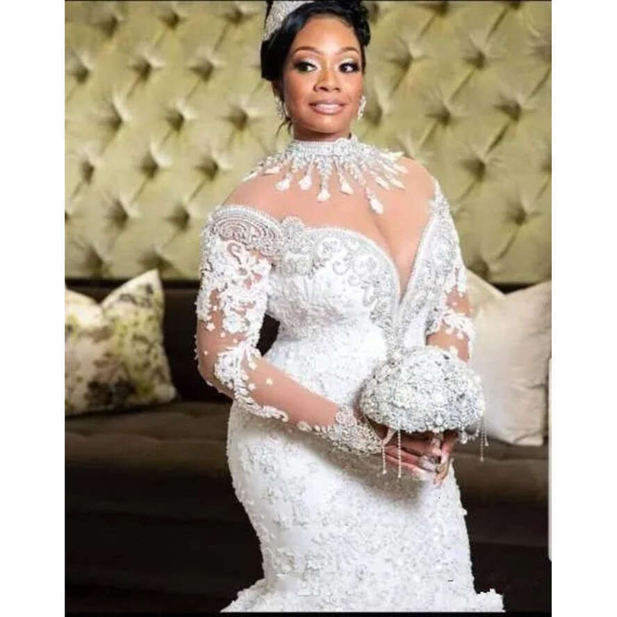 2020 South African Mermaid Wedding Dresses Lace Crystals Beading Long Sleeves Bridal Gown High Sheer Neck Plus Size Dress Bc2480