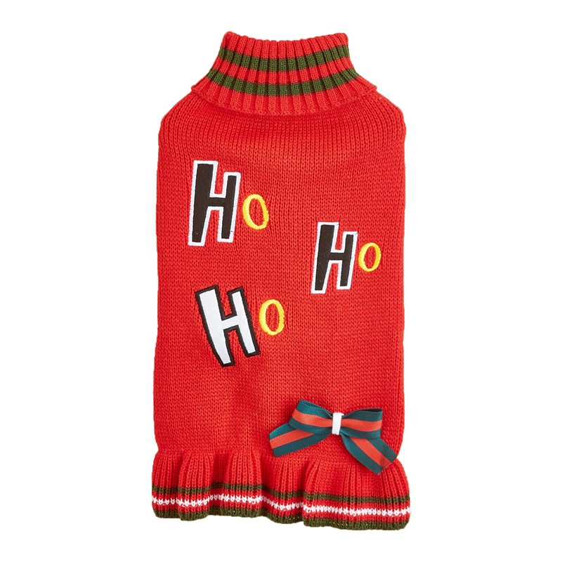 Christmas Pet Sweater Dress Cat Dog Clothes Autumn and Winter HoHo High Neck Bow Embroidery Skirt