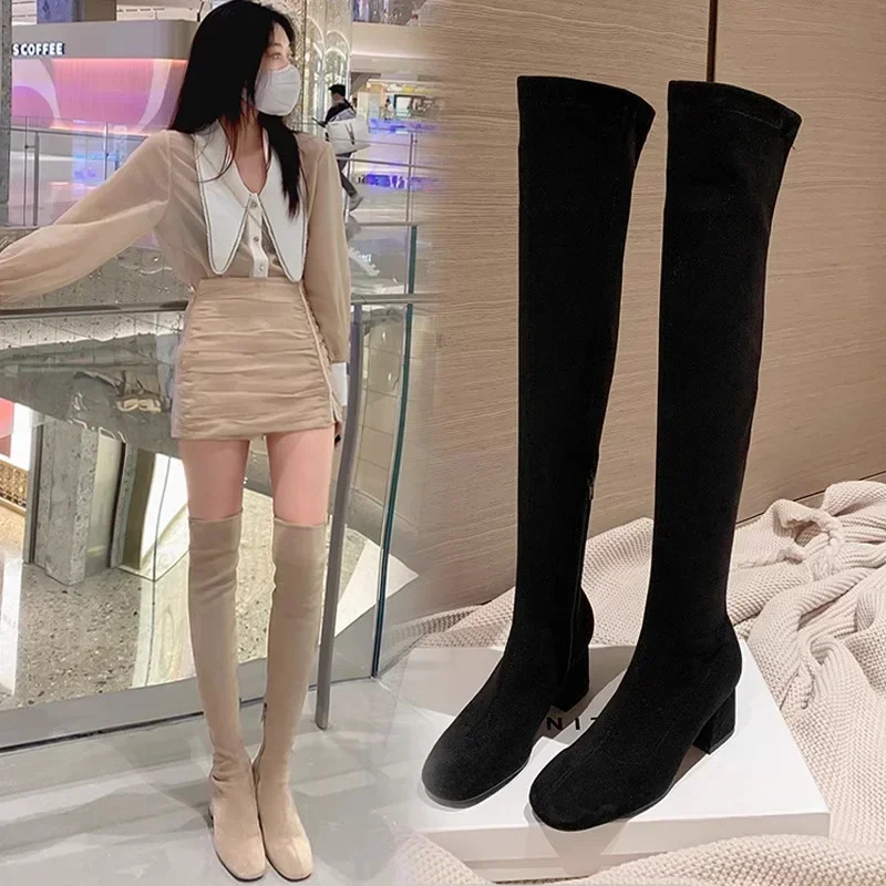 Elastic Long Faux Suede Boots Woman Over-the-knee Boots Casual Black Platform Shoes for Women Autumn Ladies Bottes 241114