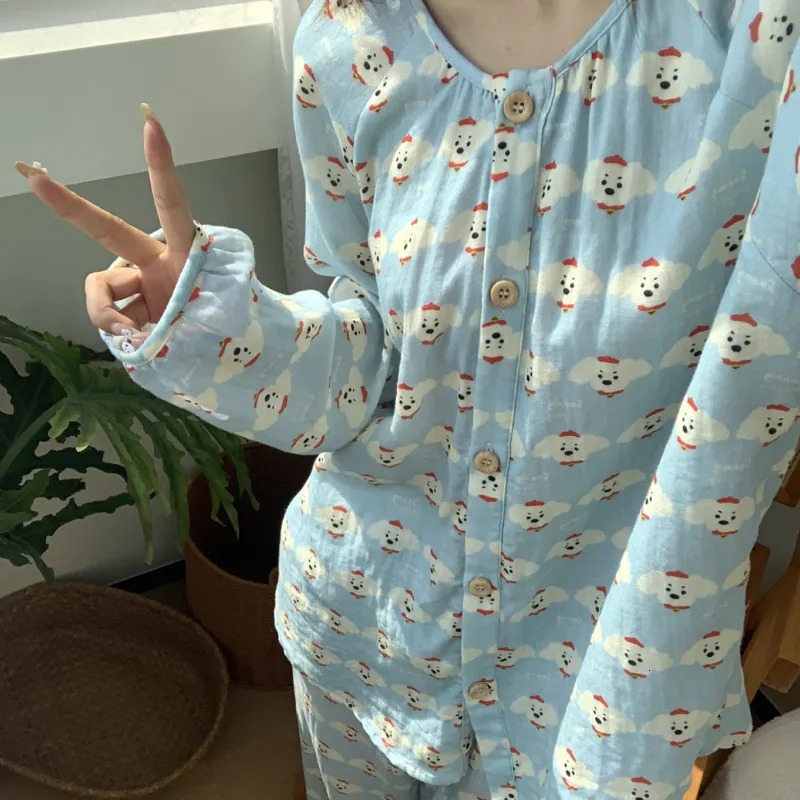Cartoon Cute Printed 100% Cotton Cute Pajamas for Women Spring/Summer Collection Long Sleeve Mens Casual Pants 241126
