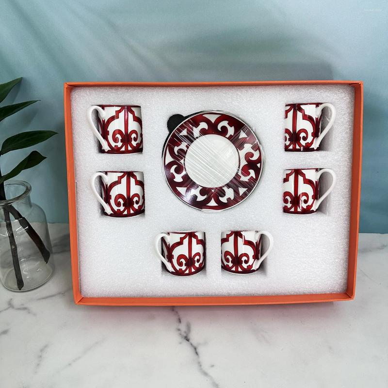 Cups Saucers 6 Pcs Set Chinese Red Top Grade Ceramic Espresso Coffee Cup Tea Milk Drinking With Handle Mug For Office Novelty Z250314