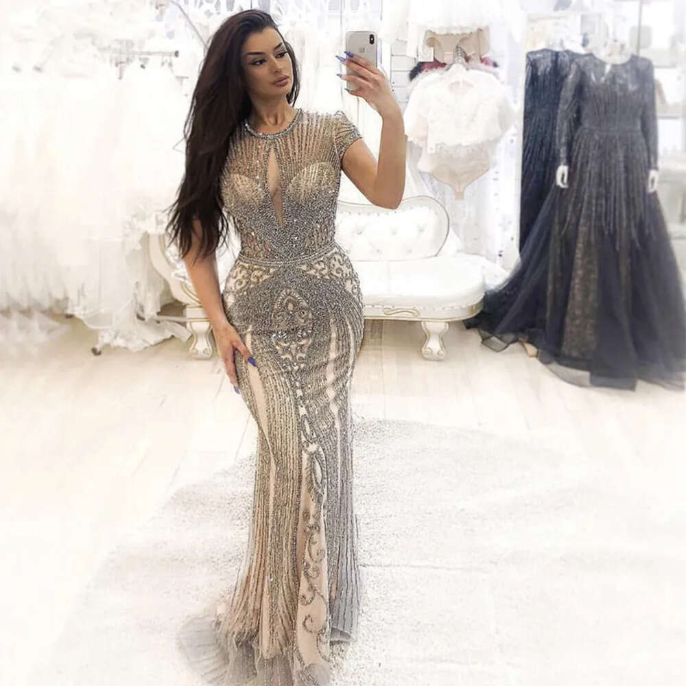 Mermaid Crystals Jewel Bg Sequin Long Evening Short Sleeves Tulle Pageant Dresses Formal Gowns Robe De Soiree Bm 6660306