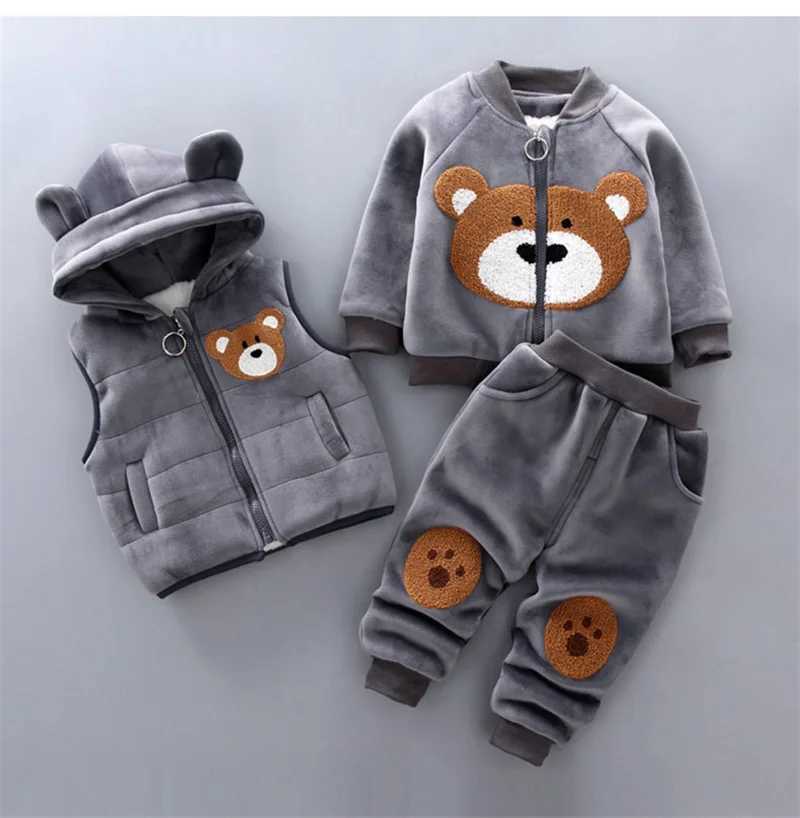 Clothing Sets 2023 Winter Baby Boy Clothes Sets Autumn Cotton Thick Warm Hooded Sweater Cartoon Cute Bear Three-Piece Baby Girl Suit 0-5Y H241126